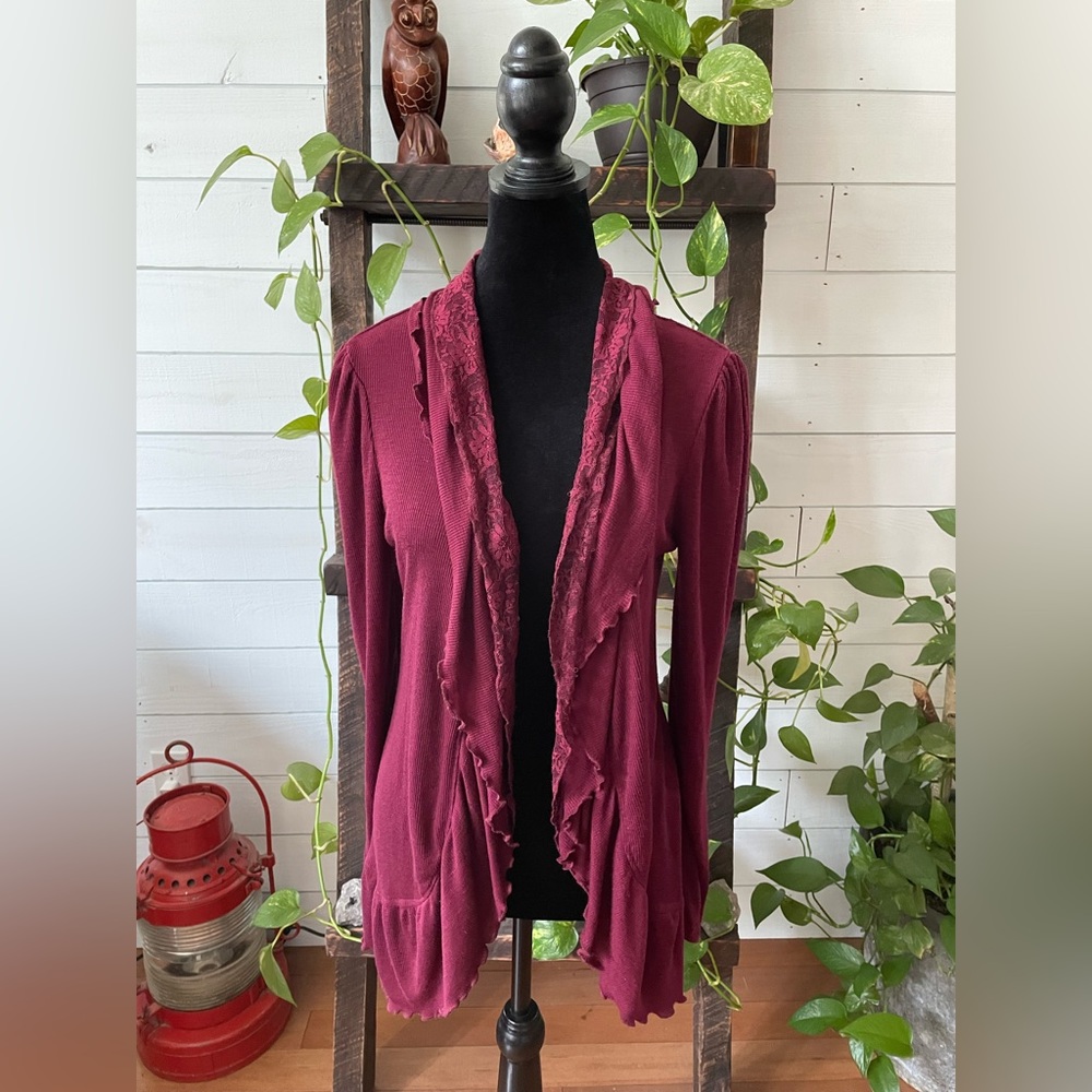 Debbie Morgan: Maroon Ruffle and Lace Cardigan